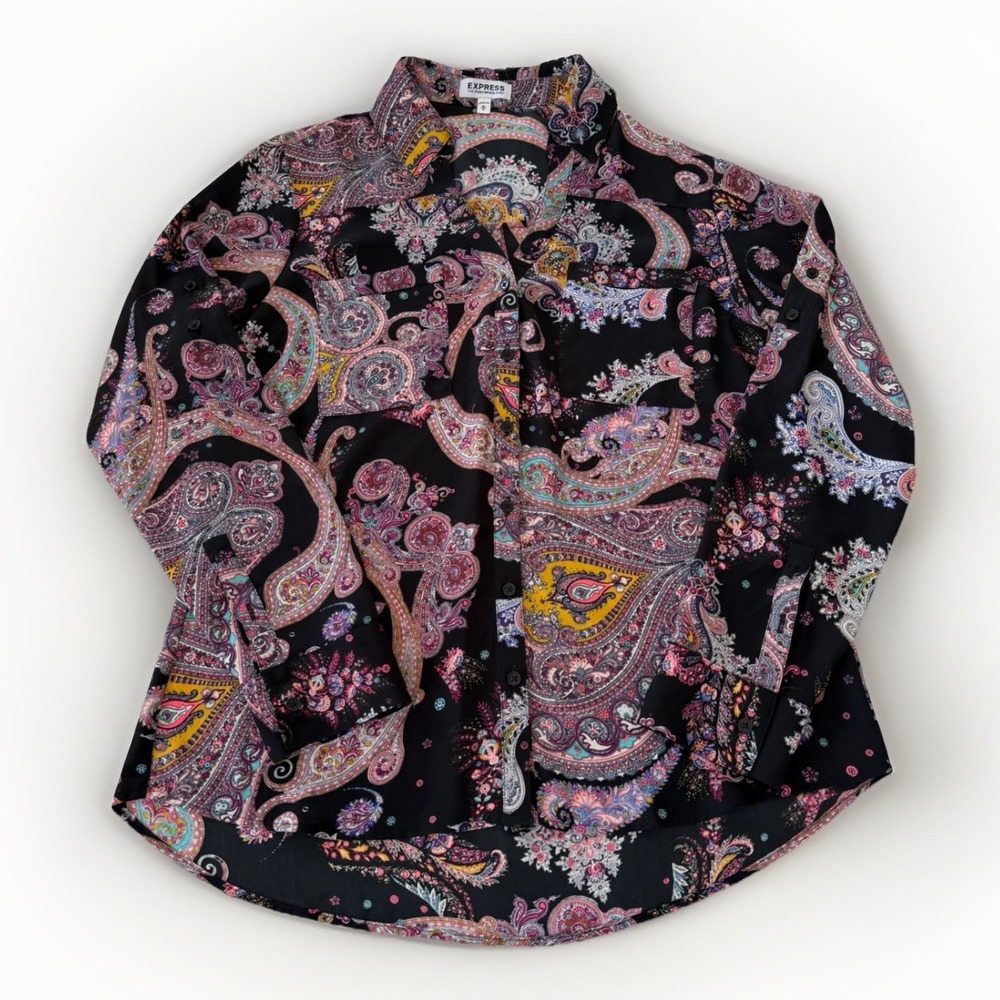 Express Women's Portofino Long‎ Sleeve Roll Tab Top M Black Pink Paisley
